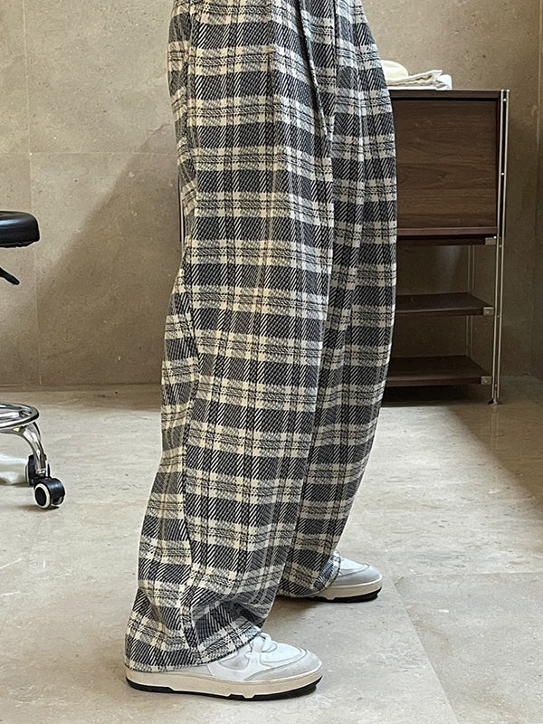 xakxx Vintage Wide Leg High-Waisted Pleated Plaid Pants