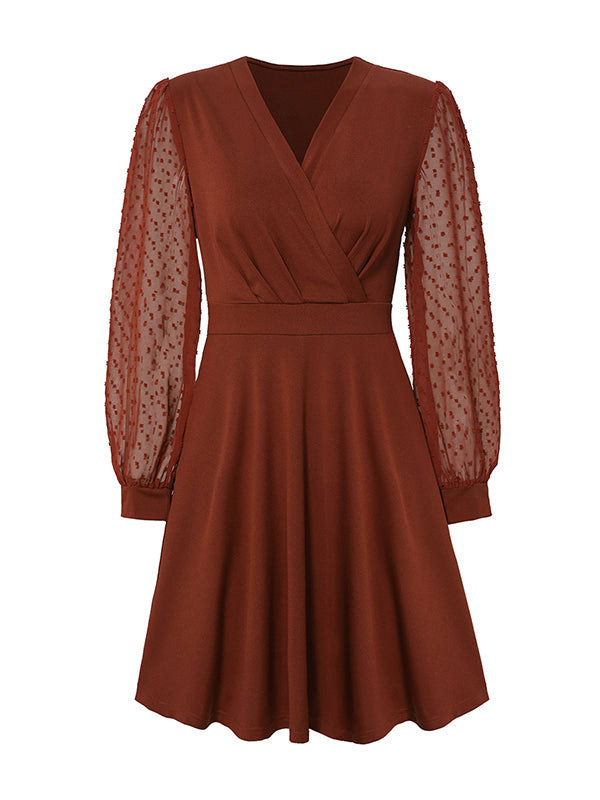 xakxx A-Line Long Sleeves Gauze Pleated Split-Joint V-Neck Midi Dresses