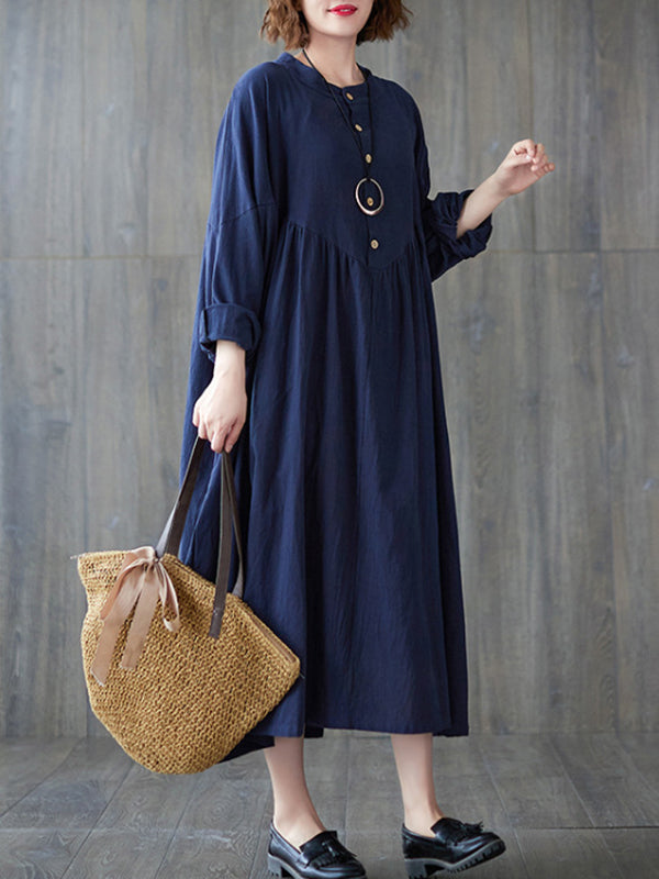 xakxx Loose Puff Sleeves Pleated Solid Color Stand Collar Midi Dresses