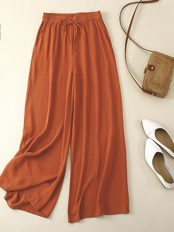 xakxx Loose Wide Leg Drawstring Solid Color Casual Pants Bottoms Trousers