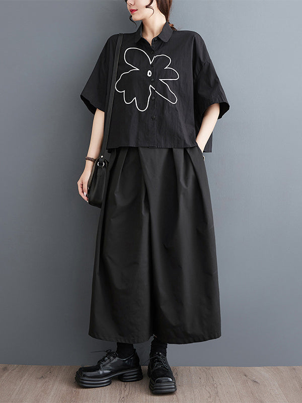 xakxx Loose Short Sleeves Floral Printed Lapel Blouses
