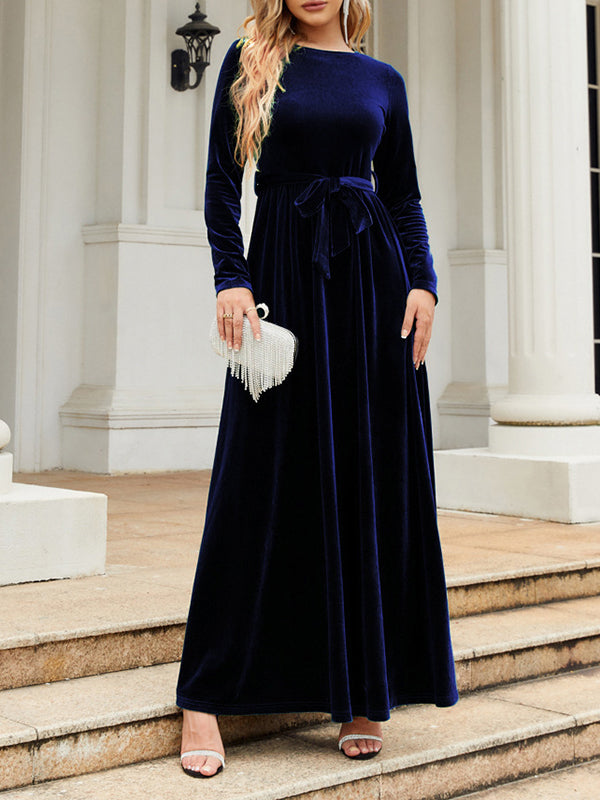 xakxx Long Sleeves Wrap Belted Pleated Solid Color Zipper Round-Neck Maxi Dresses