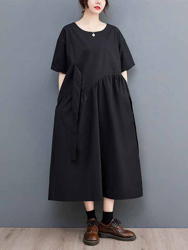 xakxx Casual Half Sleeves Loose Solid Color Round-Neck Midi Dresses