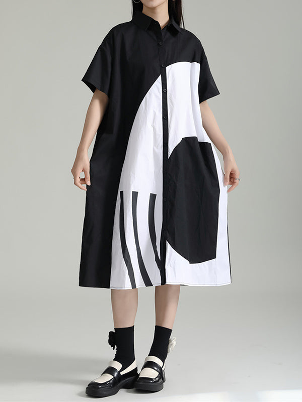 xakxx Loose Short Sleeves Asymmetric Contrast Color Split-Joint Lapel Midi Dresses Shirt Dress