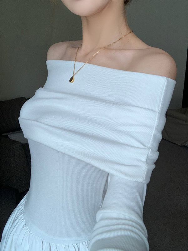 xakxx Long Sleeves Pleated Solid Color Split-Joint Off-The-Shoulder Maxi Dresses