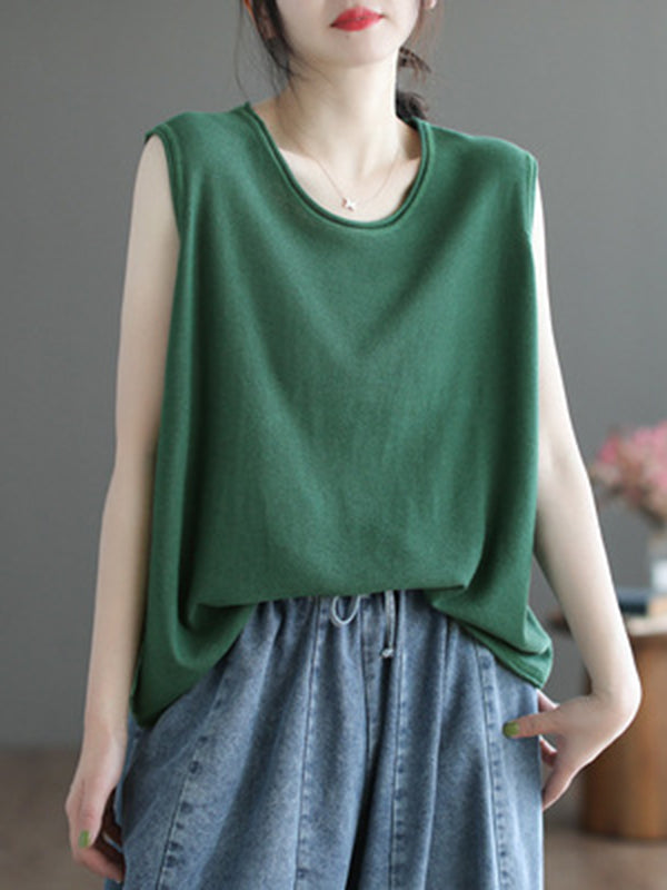 xakxx Loose Sleeveless Solid Color Round-Neck Knitting Vest Top