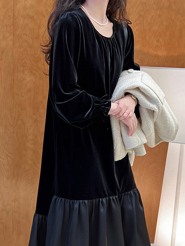xakxx Flared Sleeves Long Sleeves Contrast Color Pleated Ruffled Split-Joint Velvet Round-Neck Midi Dresses