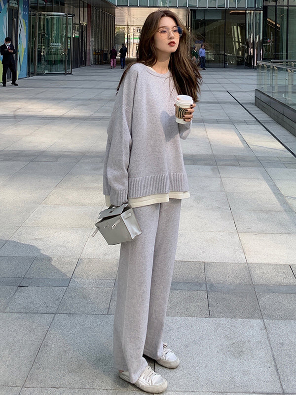 xakxx xakxx-Casual Loose Solid Color Round-Neck Sweater Tops & Wide Leg Pants Suits