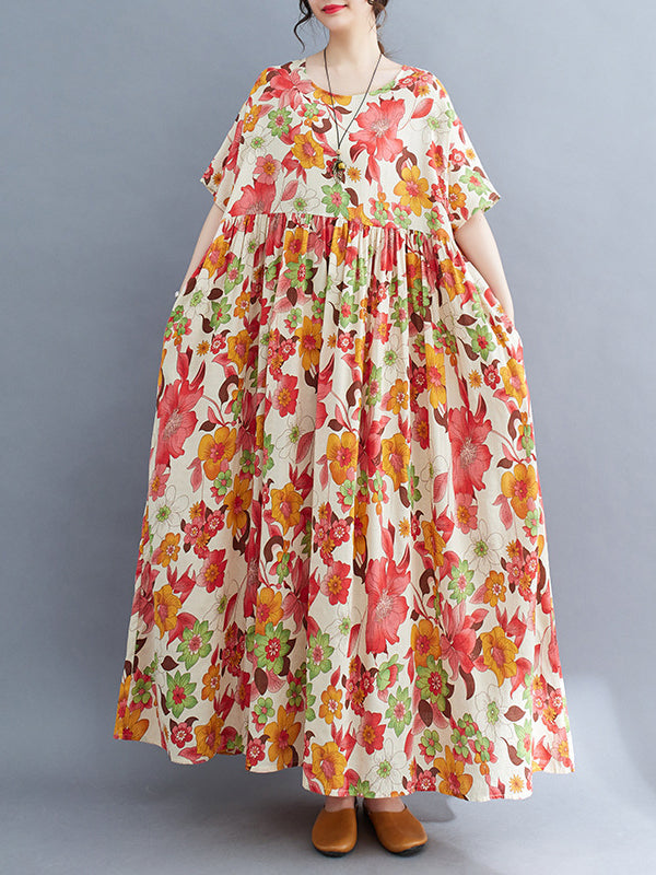 xakxx Loose Short Sleeves Pleated Printed Split-Joint Round-Neck Midi Dresses