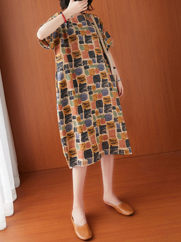 xakxx Artistic Retro Colorful Plaid Short Sleeve Dress