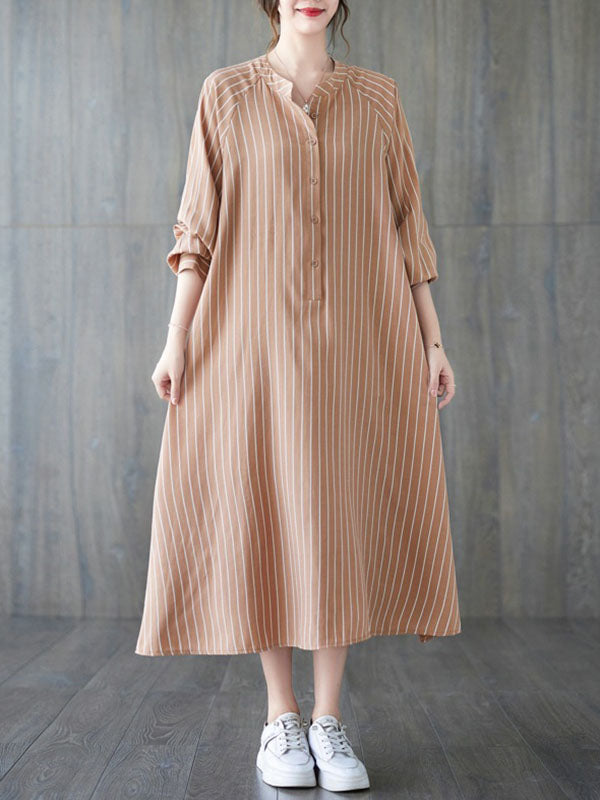 xakxx Long Sleeves Loose Buttoned Split-Side Striped Round-Neck Midi Dresses Shirt Dress