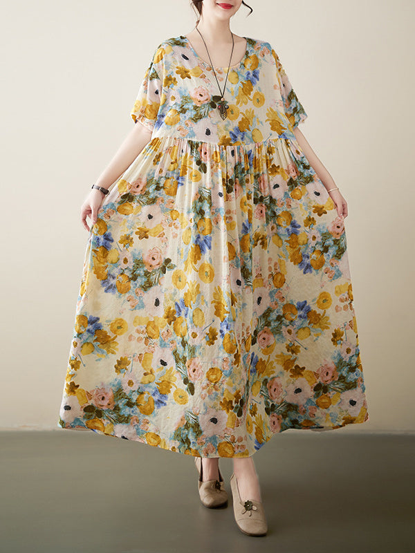 xakxx A-Line Loose Floral Printed Round-Neck Midi Dresses