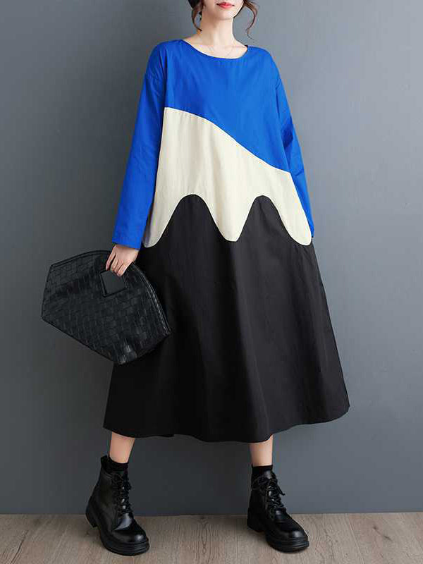 xakxx A-Line Long Sleeves Contrast Color Round-Neck Midi Dresses