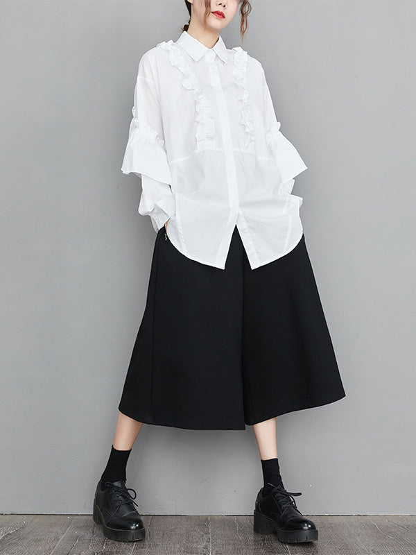 xakxx Casual Loose Long Sleeves Buttoned Ruffled Solid Color Lapel Collar Blouses&Shirts Tops