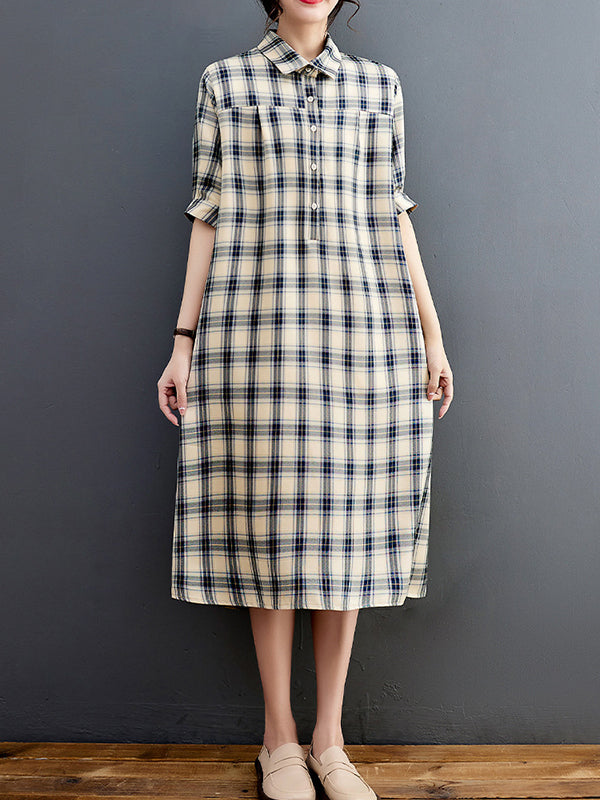xakxx Half Sleeves Loose Plaid Lapel Midi Dresses