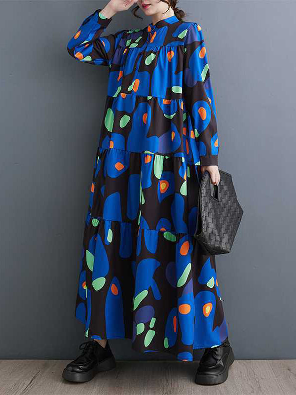 xakxx A-Line Long Sleeves Buttoned Pleated Printed Split-Joint Round-Neck Midi Dresses