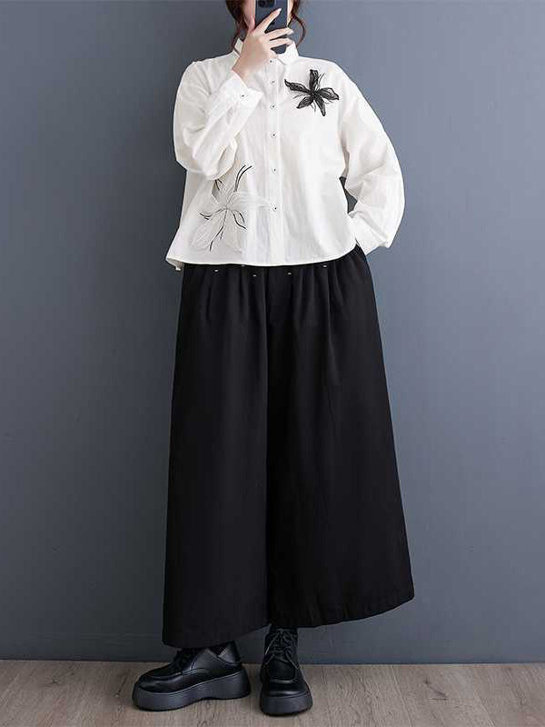 xakxx Long Sleeves Loose Applique Buttoned Embroidered Lapel Blouses&Shirts Tops