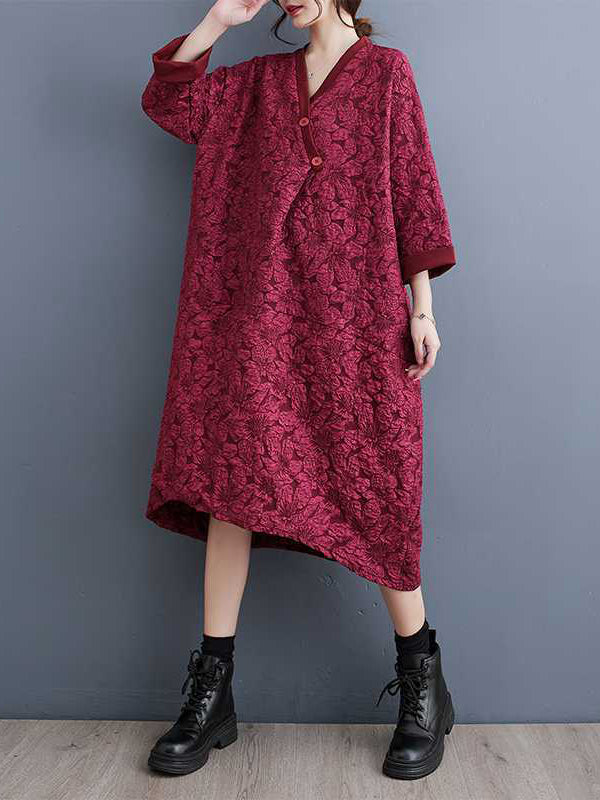 xakxx A-Line Half Sleeves Asymmetric Buttoned Jacquard V-Neck Midi Dresses