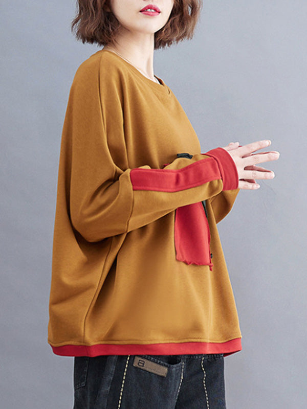 xakxx Artistic Retro Loose Triangle Applique Contrast Color Round-Neck Long Raglan Sleeves Sweatshirt