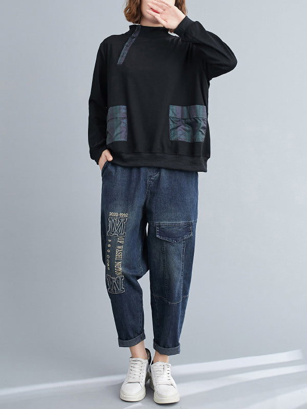 xakxx Simple Long Sleeves Loose Split-Joint Solid Color High-Neck Sweatshirt Tops