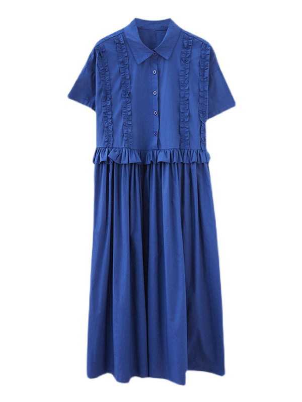 xakxx Simple Short Sleeves Loose Buttoned Falbala Split-Joint Solid Color Midi Shirt Dress