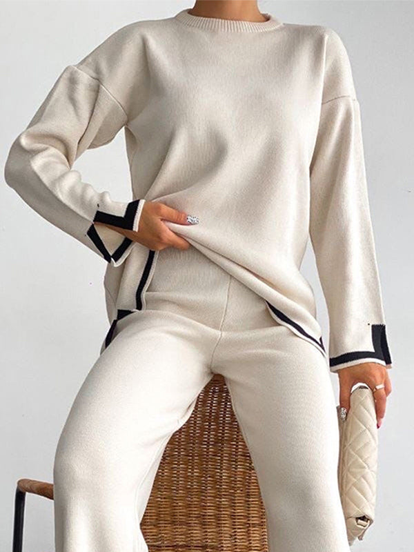 xakxx xakxx-Urban Loose Contrast Color Long Sleeves Round-Neck Sweater Tops & Pants Suits