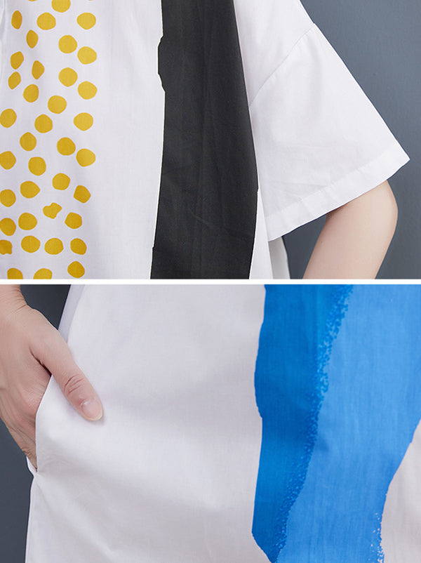 xakxx Artistic Retro Short Sleeves Loose Contrast Color Polka-Dot Lapel Collar Midi Shirt Dress