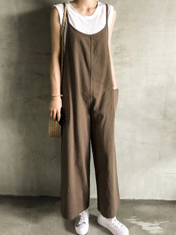 xakxx Black&Khaki Casual Spaghetti-Neck Loose Wide-Leg Overalls