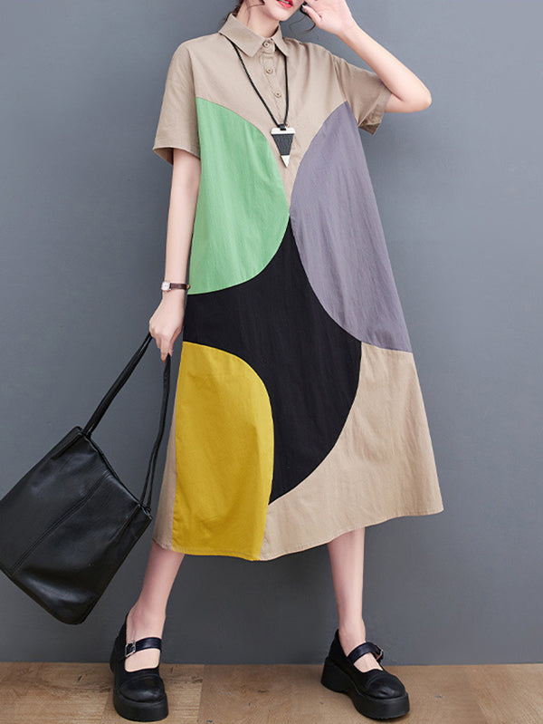 xakxx Loose Oversize Color-Block Contrast Color Split-Joint Lapel Midi Dresses Shirt Dress