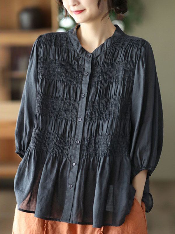 xakxx Loose Three-Quarter Sleeves Pleated Solid Color Split-Joint Stand Collar Blouses&Shirts Tops