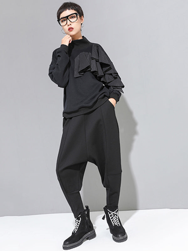 xakxx Stylish Black Velvet Split-Joint Harem Pants