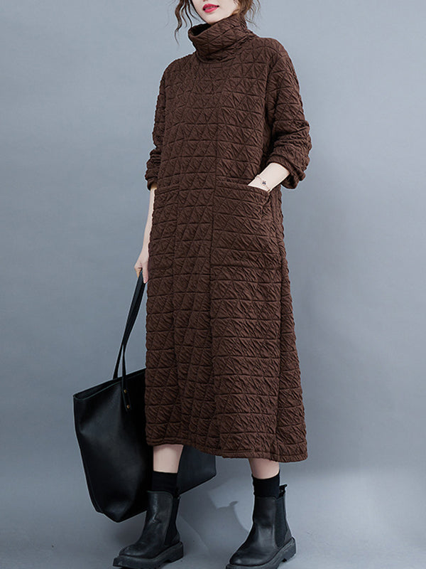 xakxx Casual Long Sleeves Loose Solid Color Textured High-Neck Cotton Padded Midi Dresses