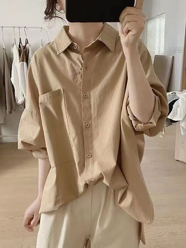 xakxx Casual Long Sleeves Loose Buttoned Solid Color Lapel Collar Blouses&Shirts Tops