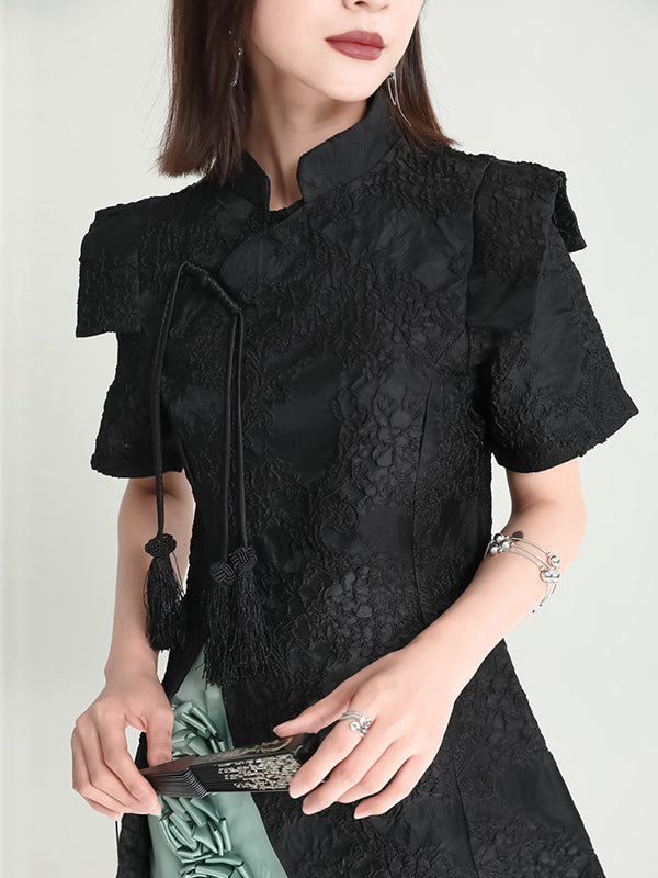 xakxx Vintage Contrast Color Applique Embroidered Short Cheongsams Mini Dress