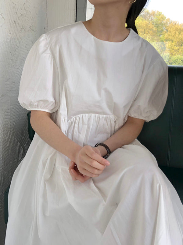 xakxx Original Loose Solid Color Pleated Puff Sleeves Midi Dress