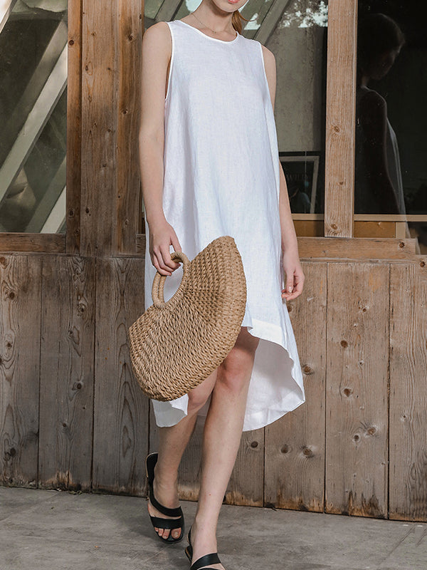 xakxx High-Low Loose Solid Color Round-Neck Midi Dresses