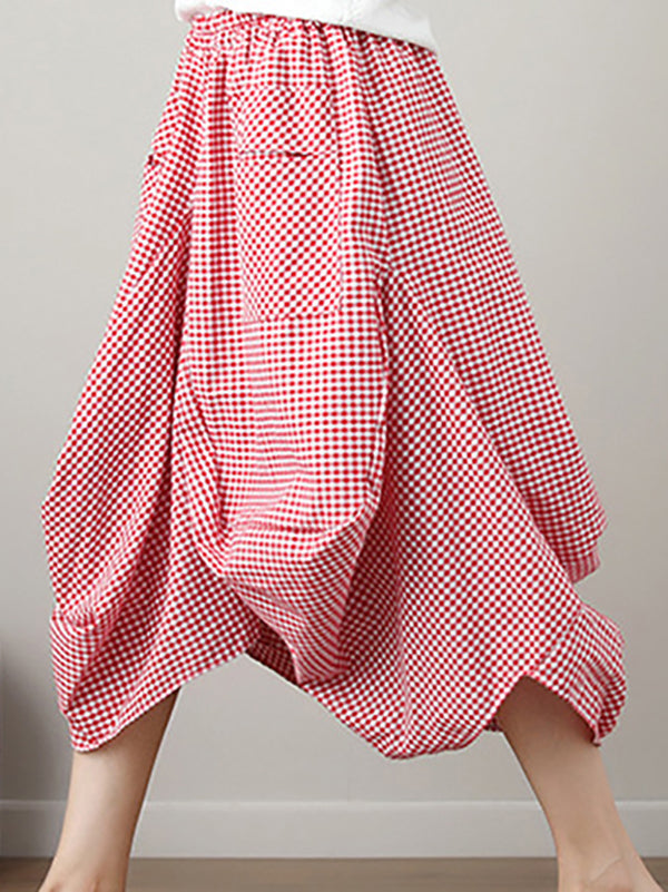 xakxx Artistic Retro Ramie Cotton Plaid Loose Irregular Elasticity Skirt