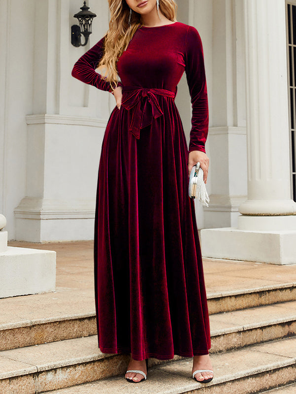 xakxx Long Sleeves Wrap Belted Pleated Solid Color Zipper Round-Neck Maxi Dresses