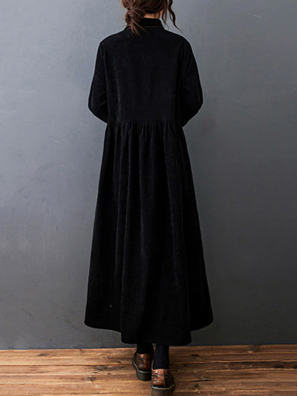 xakxx Vintage Split-Joint Solid Color Long Sleeves Lapel A-Line Corduroy Midi Dress