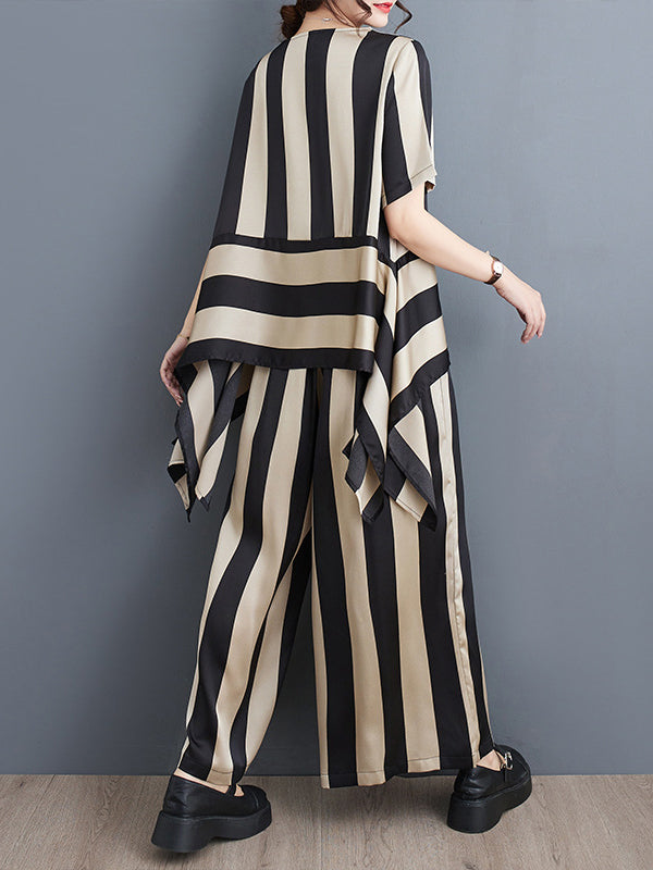 xakxx Irregular Clipping Loose Striped Round-Neck T-Shirt + Wide Leg Pants Two Pieces Set