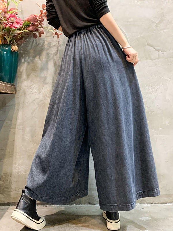 xakxx Casual Wide Leg Loose Color-Block Bandage Embroidered Jean Pants Bottoms