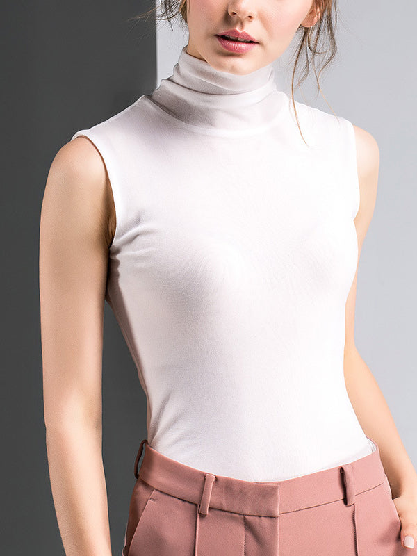 xakxx Simple Casual Skinny Solid Color Sleeveless High-Neck Vest Top