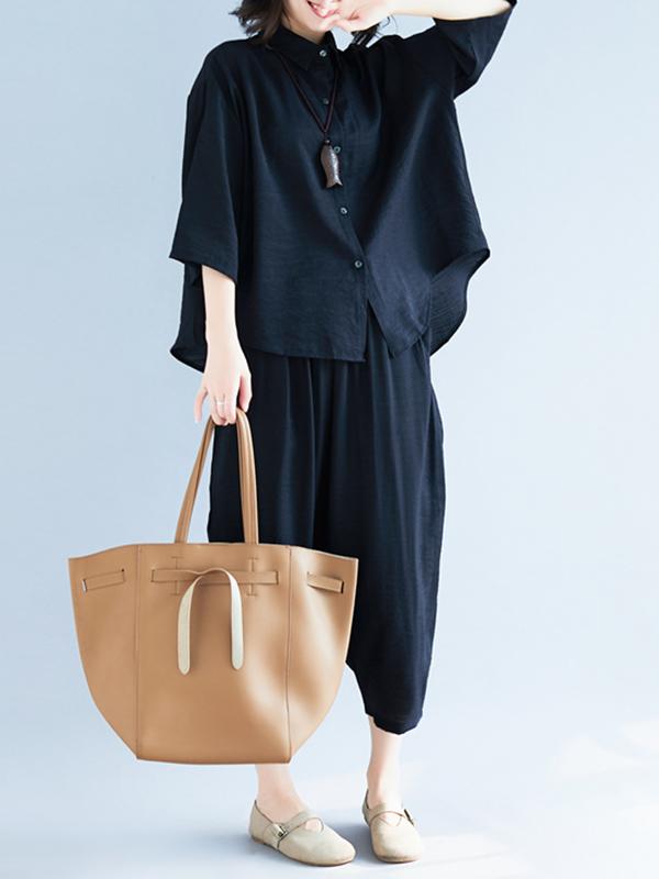 xakxx Two-Pieces Black Loose Shirt And Ninth Pants Suit