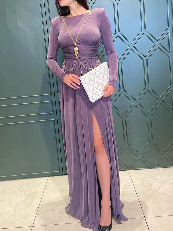 xakxx Long Sleeves Backless No Body Chain Pleated Solid Color Tied Waist Maxi Dresses