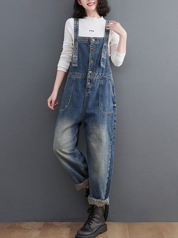 xakxx Artistic Retro Loose Solid Color Denim Overalls