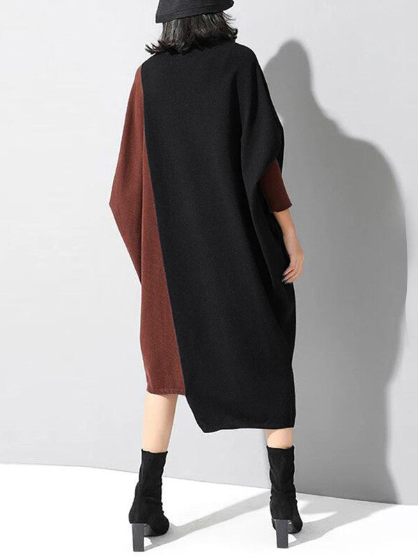 xakxx Casual Loose Split-Joint Contrast Color High-Neck Long Sleeves Dress