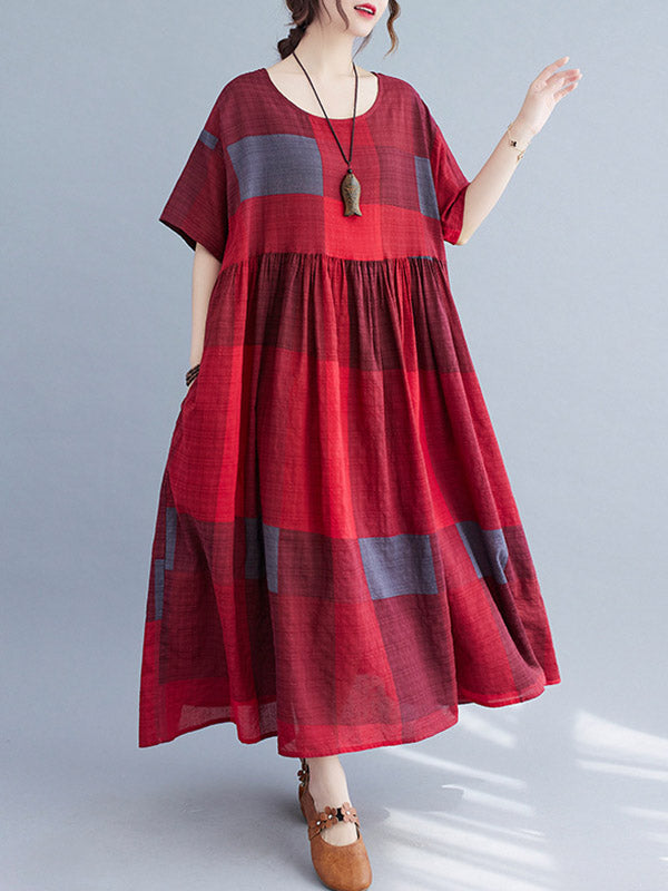 xakxx Artistic Retro Loose Color-Block Pleated Round-Neck Half Sleeves Midi Dress