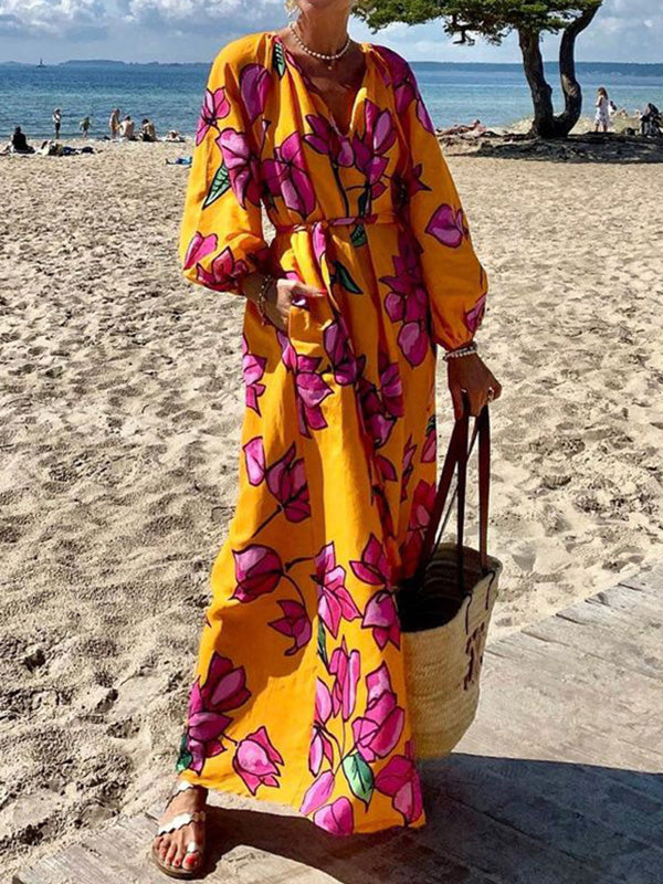 xakxx A-Line Long Sleeves Flower Print Pockets Tied Waist V-Neck Maxi Dresses