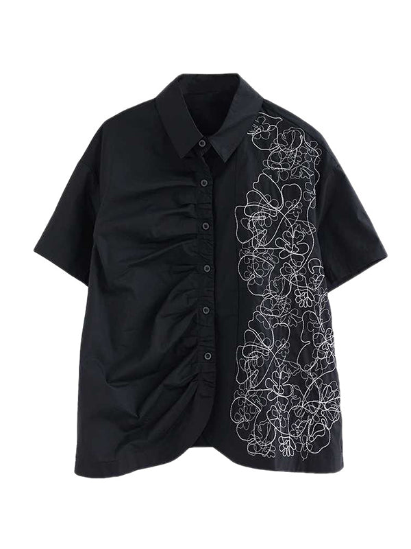 xakxx Irregularity Loose Buttoned Embroidered Pleated Lapel Collar Blouses&Shirts Tops