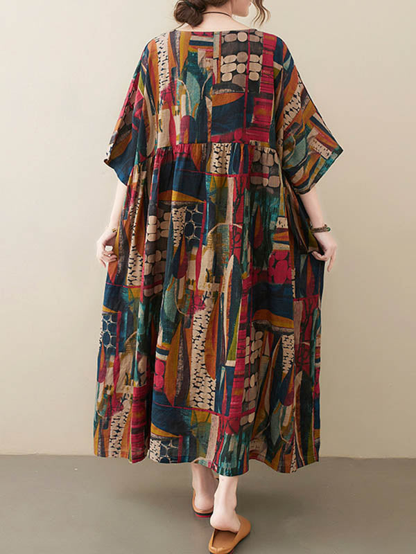 xakxx Vintage Loose Abstract Printed Pleated Round-Neck Half Sleeves Midi Dress
